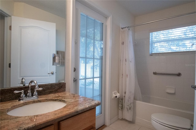 full bathroom with toilet, tile patterned floors, shower / bathtub combination with curtain, and vanity