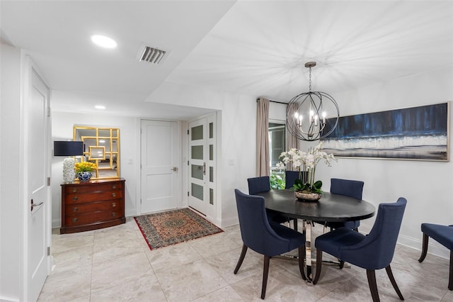 dining area featuring baseboards, visible vents, a chandelier, and recessed lighting