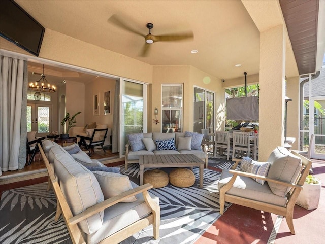 view of patio featuring ceiling fan and an outdoor hangout area