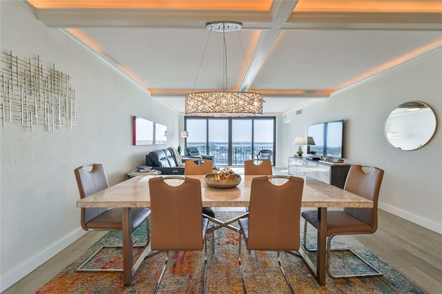 dining area featuring coffered ceiling, dark wood-type flooring, ornamental molding, and beamed ceiling