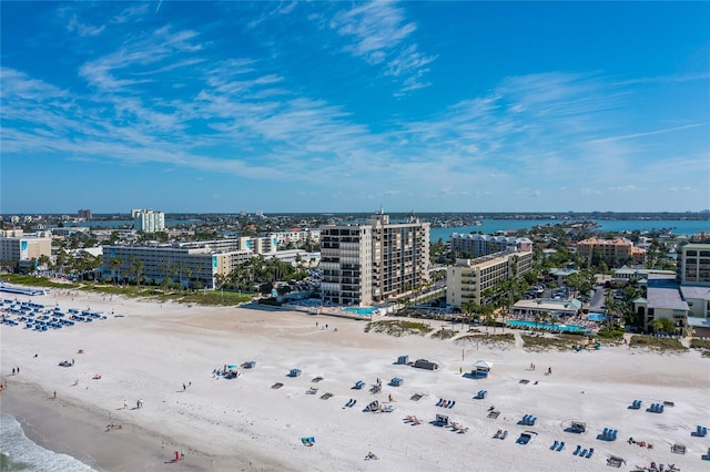 aerial view featuring a water view and a beach view