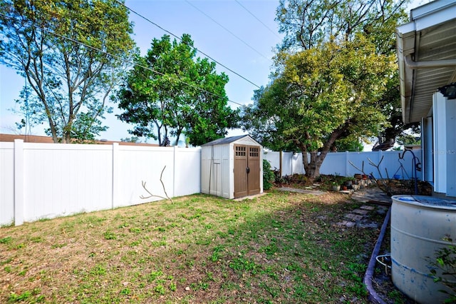 view of yard featuring a storage unit