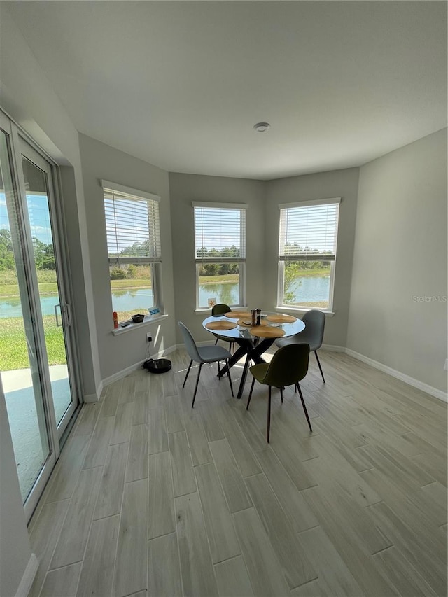 dining room featuring light wood-type flooring, plenty of natural light, and a water view