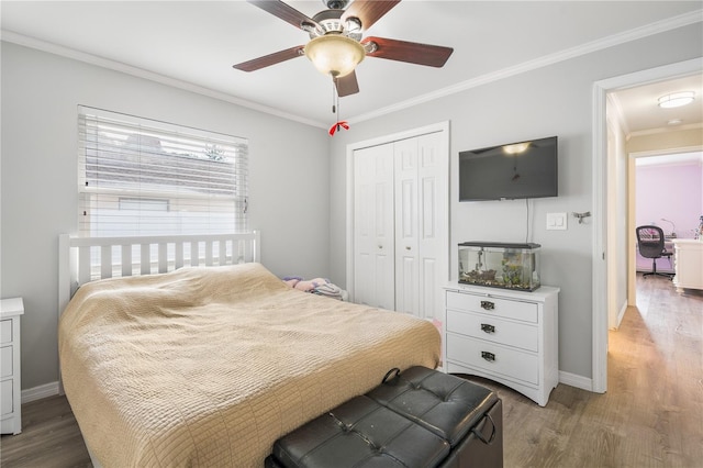 bedroom with hardwood / wood-style flooring, ornamental molding, ceiling fan, and a closet