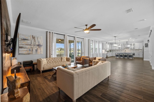 living room with ceiling fan, ornamental molding, dark hardwood / wood-style floors, and a textured ceiling