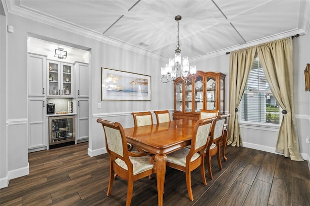 dining space featuring bar, dark hardwood / wood-style floors, ornamental molding, and beverage cooler