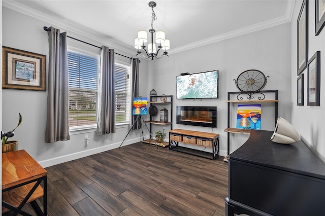 interior space featuring a notable chandelier, crown molding, and dark hardwood / wood-style floors