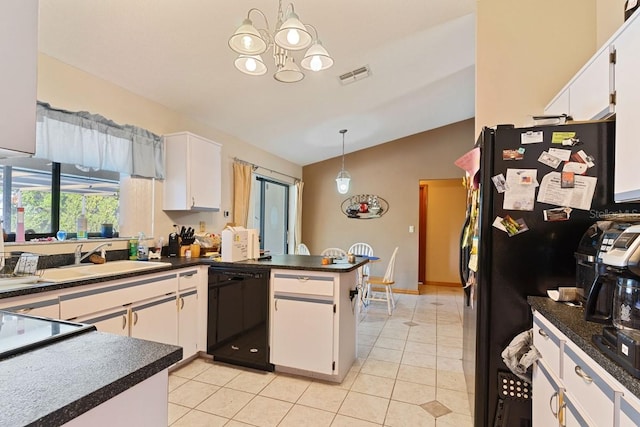 kitchen with white cabinetry, sink, kitchen peninsula, and black appliances