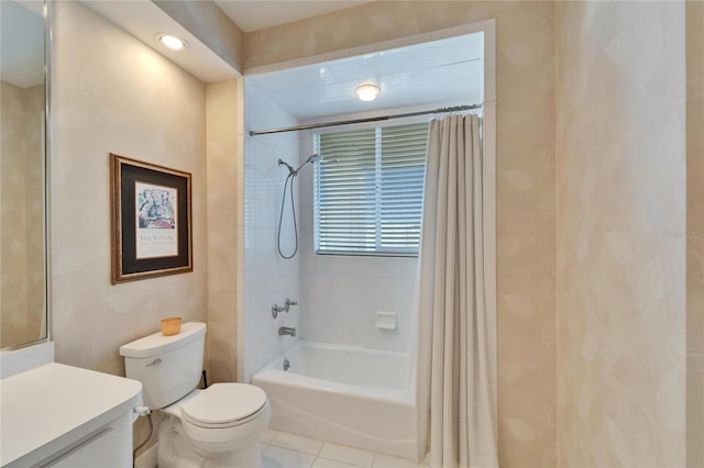 full bathroom with toilet, tile patterned floors, vanity, and shower / bathtub combination with curtain