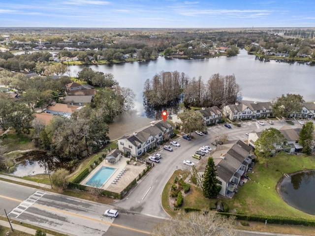 aerial view featuring a water view