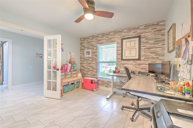 office space featuring french doors and ceiling fan