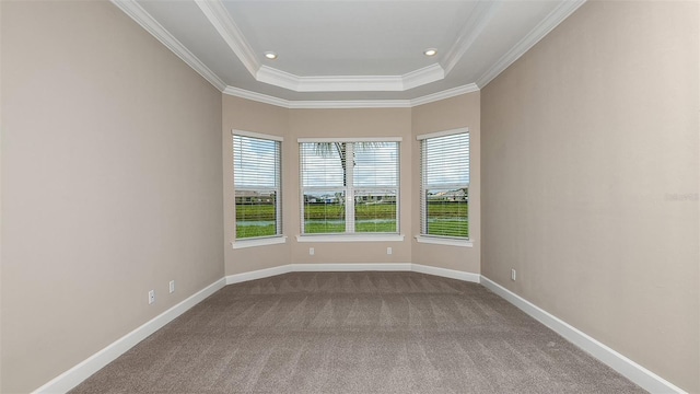 carpeted empty room featuring ornamental molding and a tray ceiling