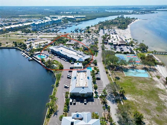 drone / aerial view featuring a water view