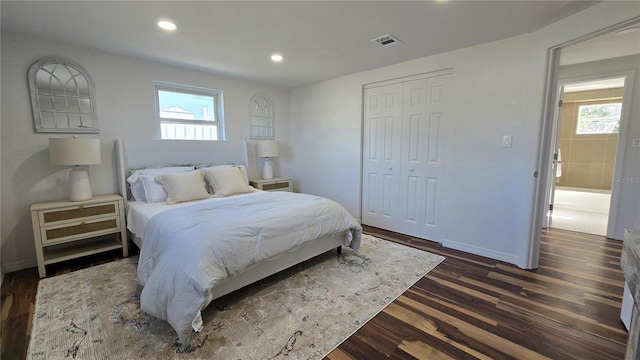 bedroom with multiple windows, dark wood-type flooring, and a closet