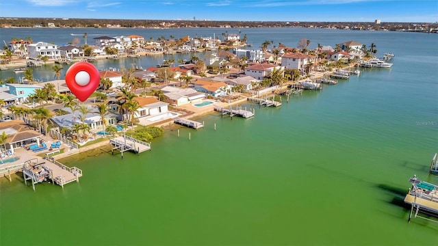 drone / aerial view featuring a water view