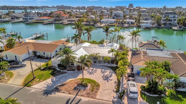 aerial view featuring a water view