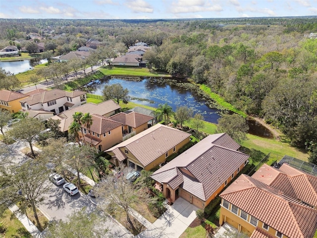 drone / aerial view with a water view and a residential view