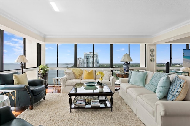 living room featuring hardwood / wood-style flooring, ornamental molding, plenty of natural light, and a water view