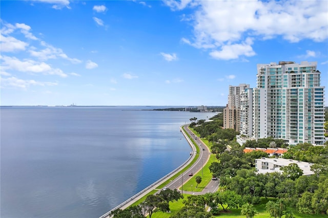 aerial view featuring a water view