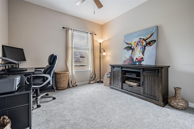 19308 Sunset Bay Dr, Land O Lakes, FL 34638 - home office with carpet, a ceiling fan, and baseboards