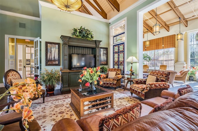 19308 Sunset Bay Dr, Land O Lakes, FL 34638 - living area with high vaulted ceiling, beamed ceiling, wooden ceiling, and wood finished floors