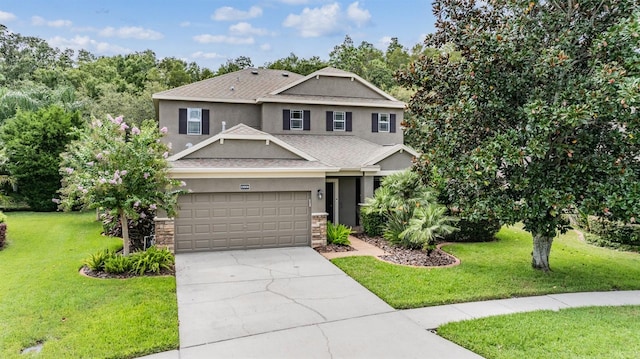 19308 Sunset Bay Dr, Land O Lakes, FL 34638 - view of front of home with stucco siding, a front lawn, driveway, roof with shingles, and an attached garage