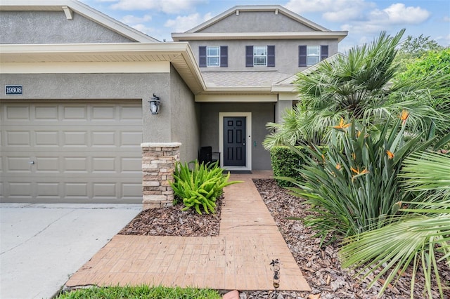 19308 Sunset Bay Dr, Land O Lakes, FL 34638 - view of exterior entry with stucco siding, a garage, and driveway