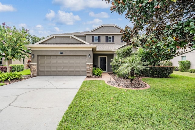 19308 Sunset Bay Dr, Land O Lakes, FL 34638 - view of front facade with stucco siding, a front yard, an attached garage, driveway, and stone siding