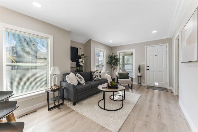 living room featuring crown molding and light hardwood / wood-style floors