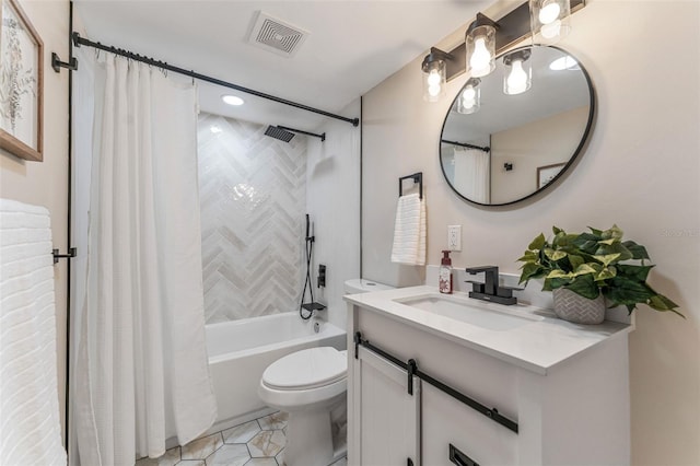 full bathroom featuring tile patterned floors, vanity, toilet, and shower / bath combo