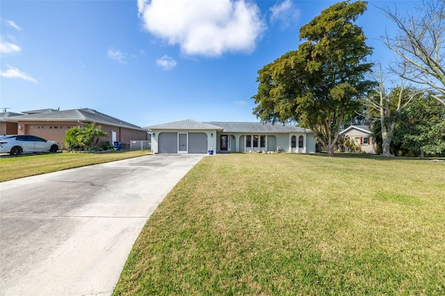 ranch-style house featuring a garage and a front lawn