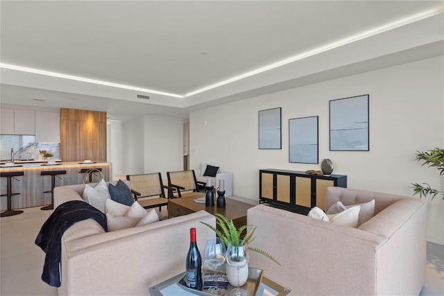 living room with a raised ceiling