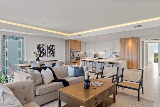 living room with a raised ceiling