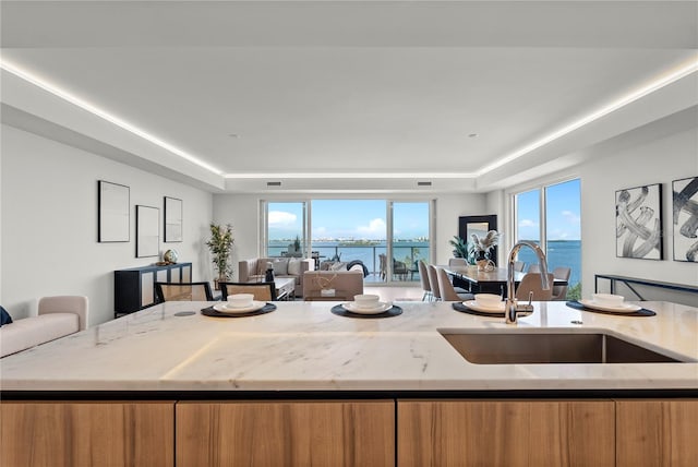 kitchen featuring a water view, sink, and a tray ceiling