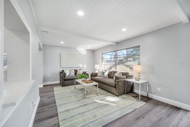 living room featuring wood ceiling, beam ceiling, and wood-type flooring