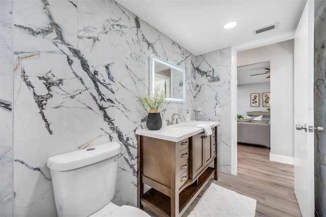 bathroom with vanity, wood-type flooring, and toilet