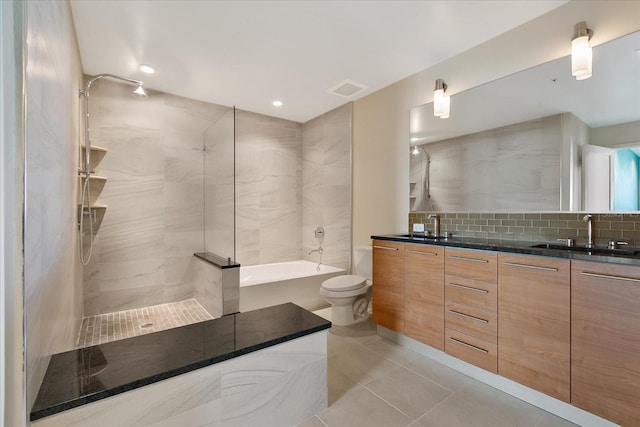 full bathroom with tile patterned flooring, plus walk in shower, backsplash, and vanity