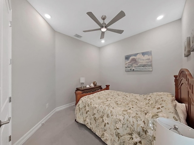 bedroom with ceiling fan and carpet