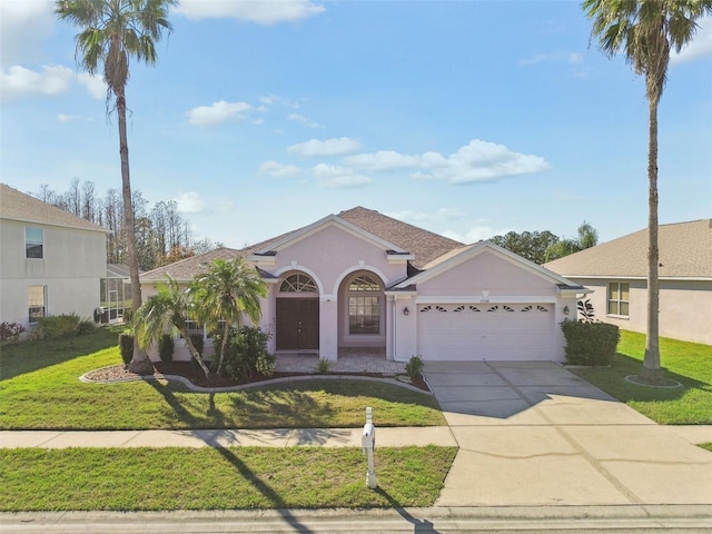 view of front of house with a front yard and a garage