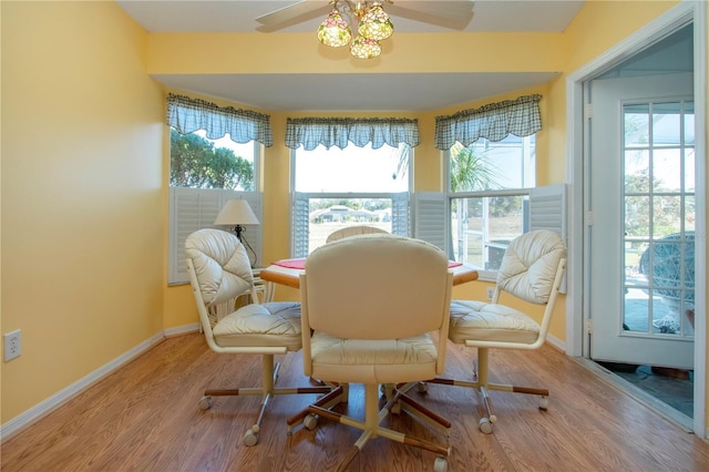 dining area with hardwood / wood-style flooring and ceiling fan