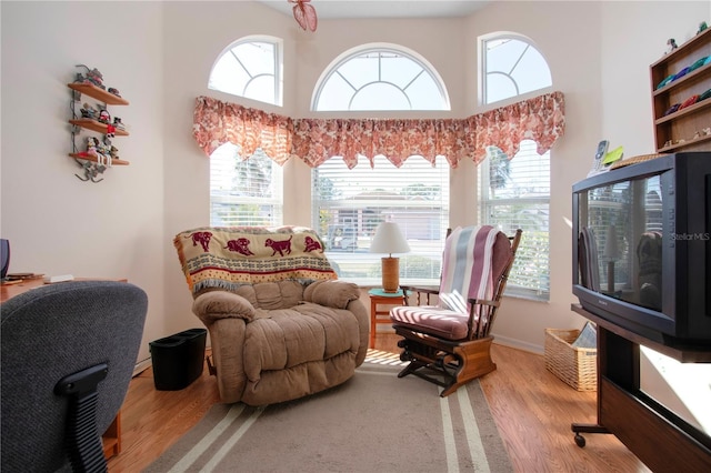 sitting room featuring a high ceiling, a healthy amount of sunlight, and light wood-type flooring