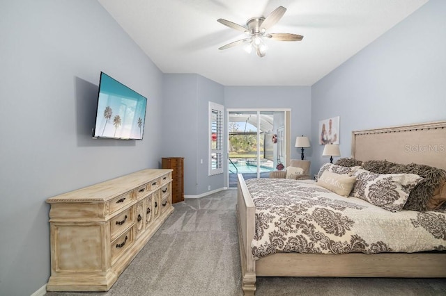 carpeted bedroom featuring ceiling fan and access to outside