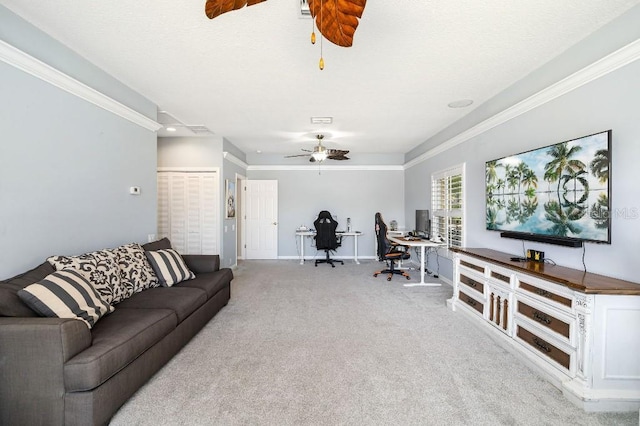 living room featuring crown molding, light carpet, and ceiling fan