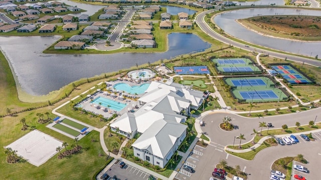 aerial view featuring a water view