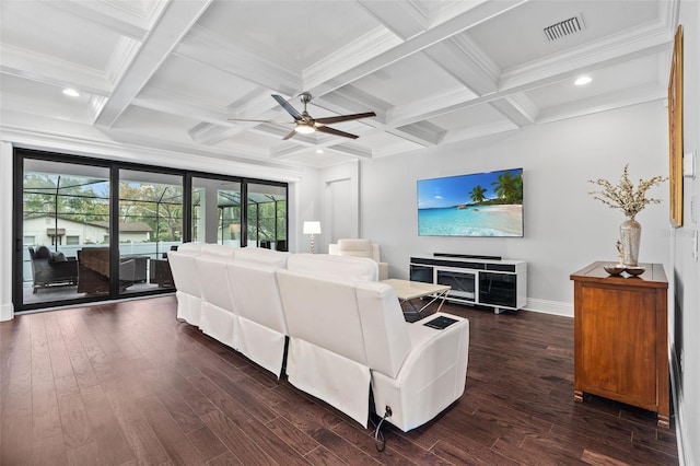 living room featuring coffered ceiling, dark hardwood / wood-style floors, and beam ceiling