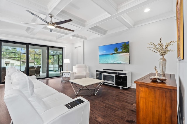 living room with coffered ceiling, dark wood-type flooring, crown molding, and beam ceiling