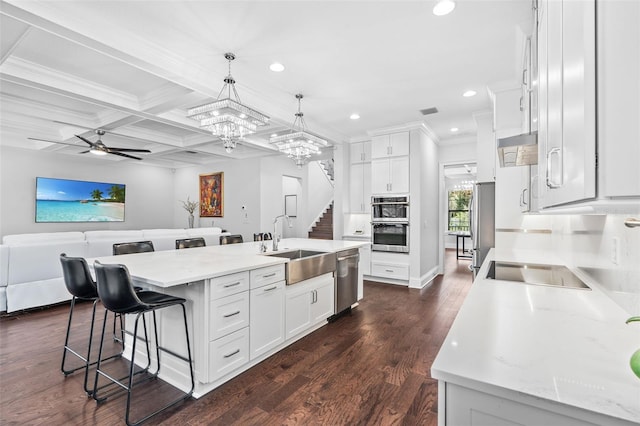 kitchen with sink, appliances with stainless steel finishes, a kitchen island with sink, hanging light fixtures, and white cabinets