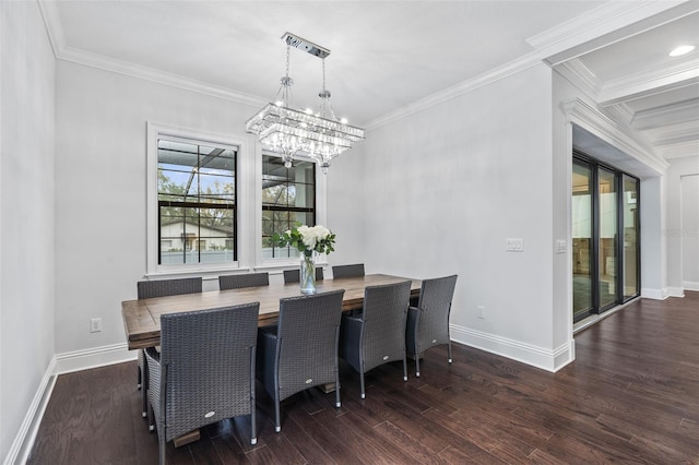 dining room featuring a notable chandelier, crown molding, and dark hardwood / wood-style floors