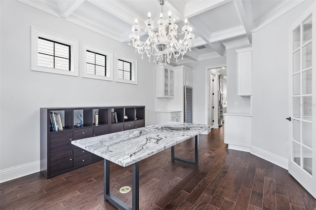 interior space with coffered ceiling, dark wood-type flooring, a chandelier, and beamed ceiling