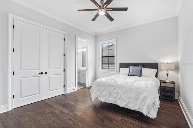 bedroom featuring ornamental molding, dark hardwood / wood-style flooring, ensuite bathroom, and a closet